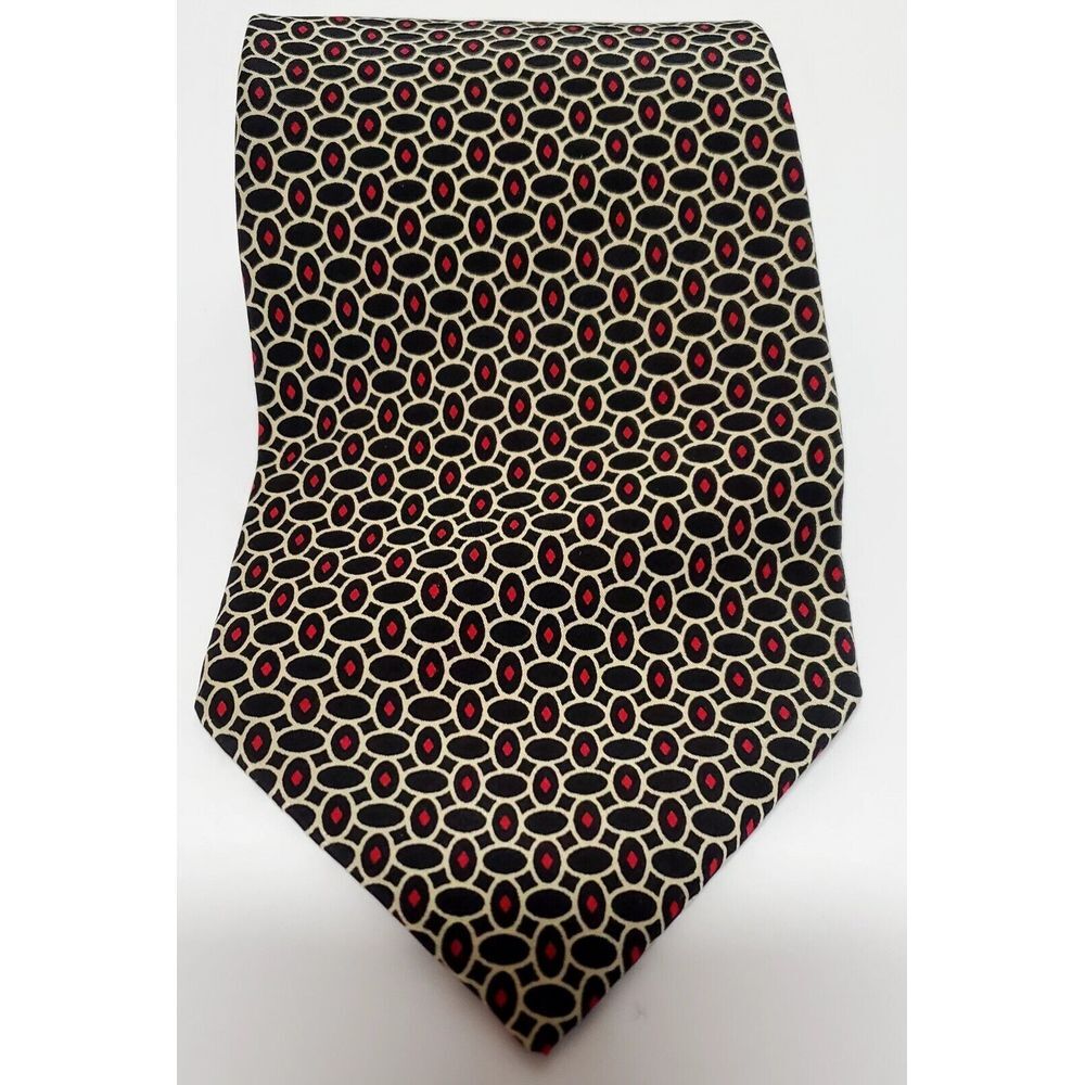Krizia Uomo Necktie Made in Italy Black/Cream/Red Oval Geometric 100% SilkTie